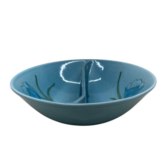Vintage Metlox Vernon Ware Blue Tulip Divided Round Vegetable Bowl 9 1/8” - Picture 2 of 6